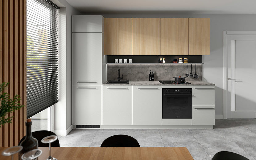 Milino Medium A kitchen set open cabinets, gray/oak with countertop