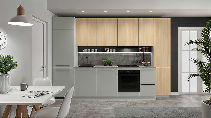 Milino Medium B kitchen set open cabinets, gray/oak with countertop