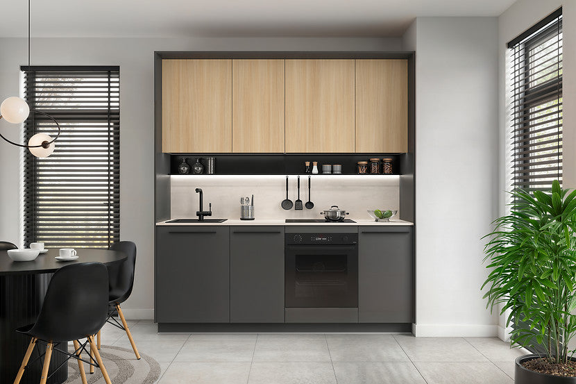 Milino Small kitchen set open cabinets, anthracite/oak with countertop